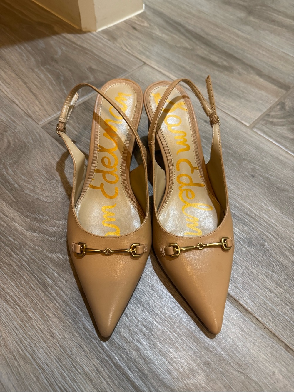 Sam Edelman Camel Tan Leather Pointed Slingback Mules with Gold Horsebit